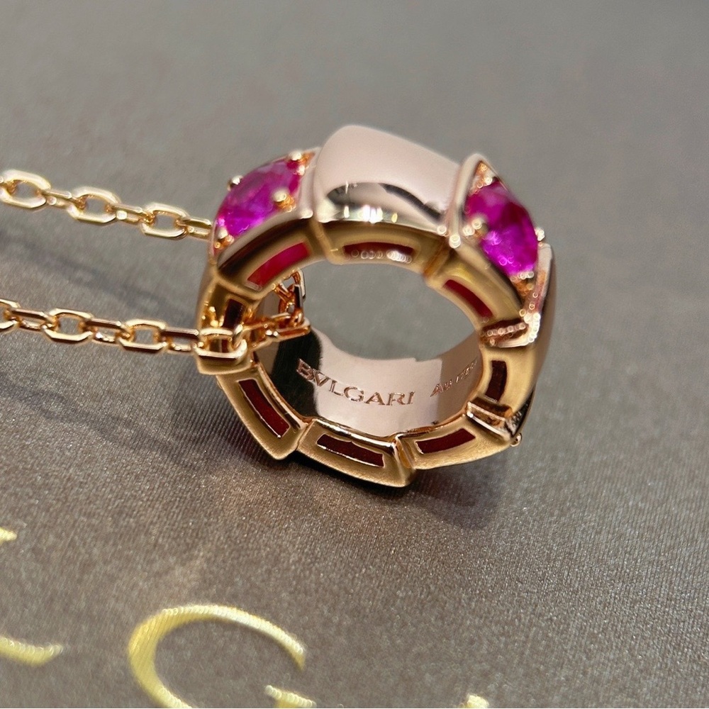 Bulgari Rose Gold Necklace with Red Pendant and Chain Detail - Picture 5 of 8